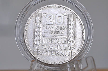 1938 Silver French 20 Franc Coin - XF Condition - 1930s Silver Franc - Third Republic of France Silver Franc -
