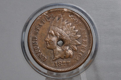 1877 Indian Head Penny - XF Details, Holed - The Key Date, Discounted for Damage, Incredible Detail - 1877 US 1 Cent