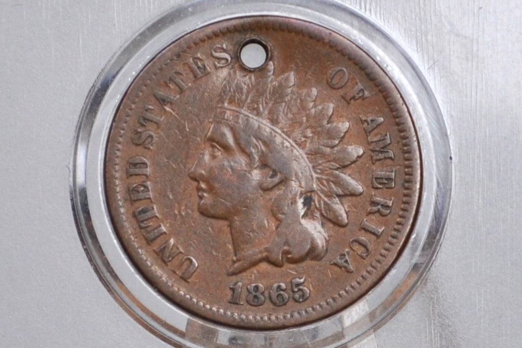 1865 Indian Head Penny - Fine Details, Holed - 1865 Cent Indian Head 1865 Damage Coin / Discount Coin