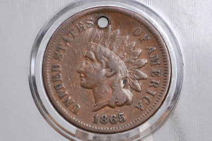 1865 Indian Head Penny - Fine Details, Holed - 1865 Cent Indian Head 1865 Damage Coin / Discount Coin