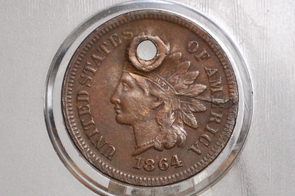 1864-L Indian Head Penny - XF Details, Holed - Rarer Variety - 1864L Cent Indian Head 1864 L Damage Coin / Discount Coin