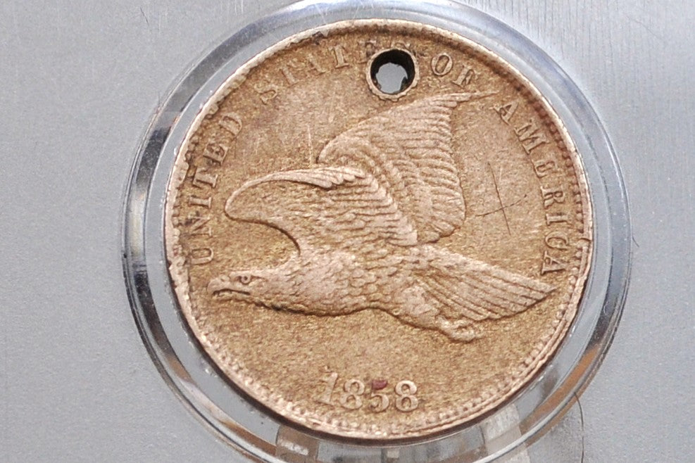 1858 Flying Eagle Penny - XF Details, Holed - 1858 Cent Flying Eagle 1858 Damage Coin / Discount Coin