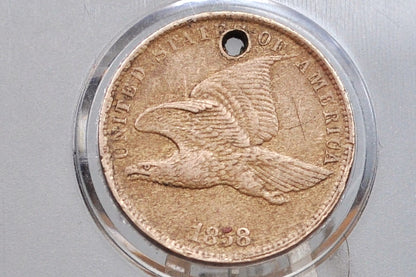 1858 Flying Eagle Penny - XF Details, Holed - 1858 Cent Flying Eagle 1858 Damage Coin / Discount Coin