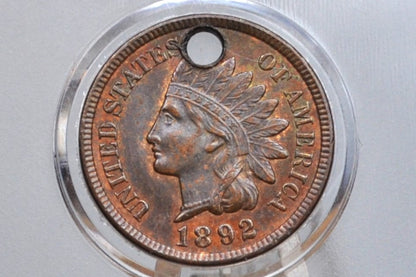 1892 Indian Head Penny - Uncirculated Details, Holed - Lustrous Coin - 1892 Cent Indian Head 1892 Damage Coin / Discount Coin