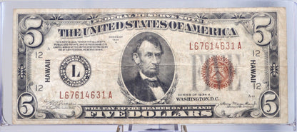 1934 5 Dollar Hawaii Overprint FRN - VF (Very Fine) Grade - 1935 Hawaii Five Dollar Brown Seal - 1934 Hawaii Overprint Fr2302