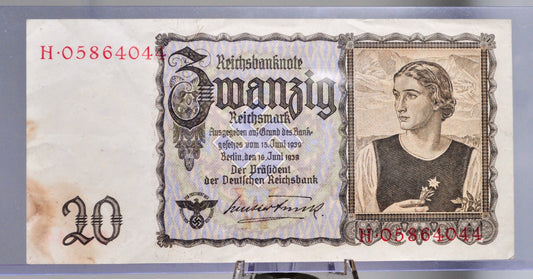 1939 Germany 20 Reichsmark Banknote - WW2 Reichsbanknote Reichsmark Note - Choice of Grade - 1939 German Twenty Reichsmark Note - P#185