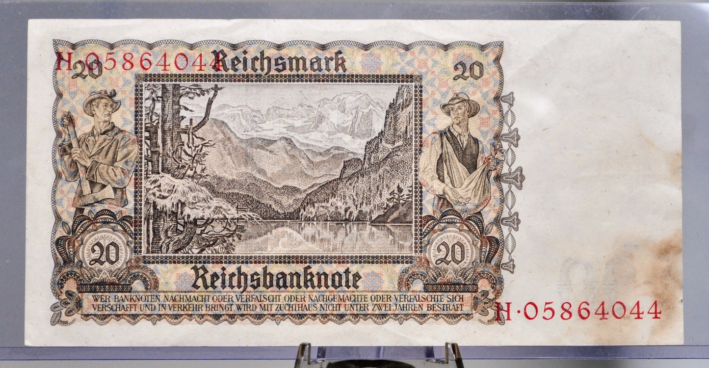 1939 Germany 20 Reichsmark Banknote - WW2 Reichsbanknote Reichsmark Note - Choice of Grade - 1939 German Twenty Reichsmark Note - P#185