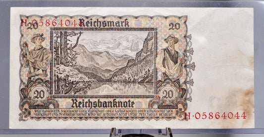 1939 Germany 20 Reichsmark Banknote - WW2 Reichsbanknote Reichsmark Note - Choice of Grade - 1939 German Twenty Reichsmark Note - P#185