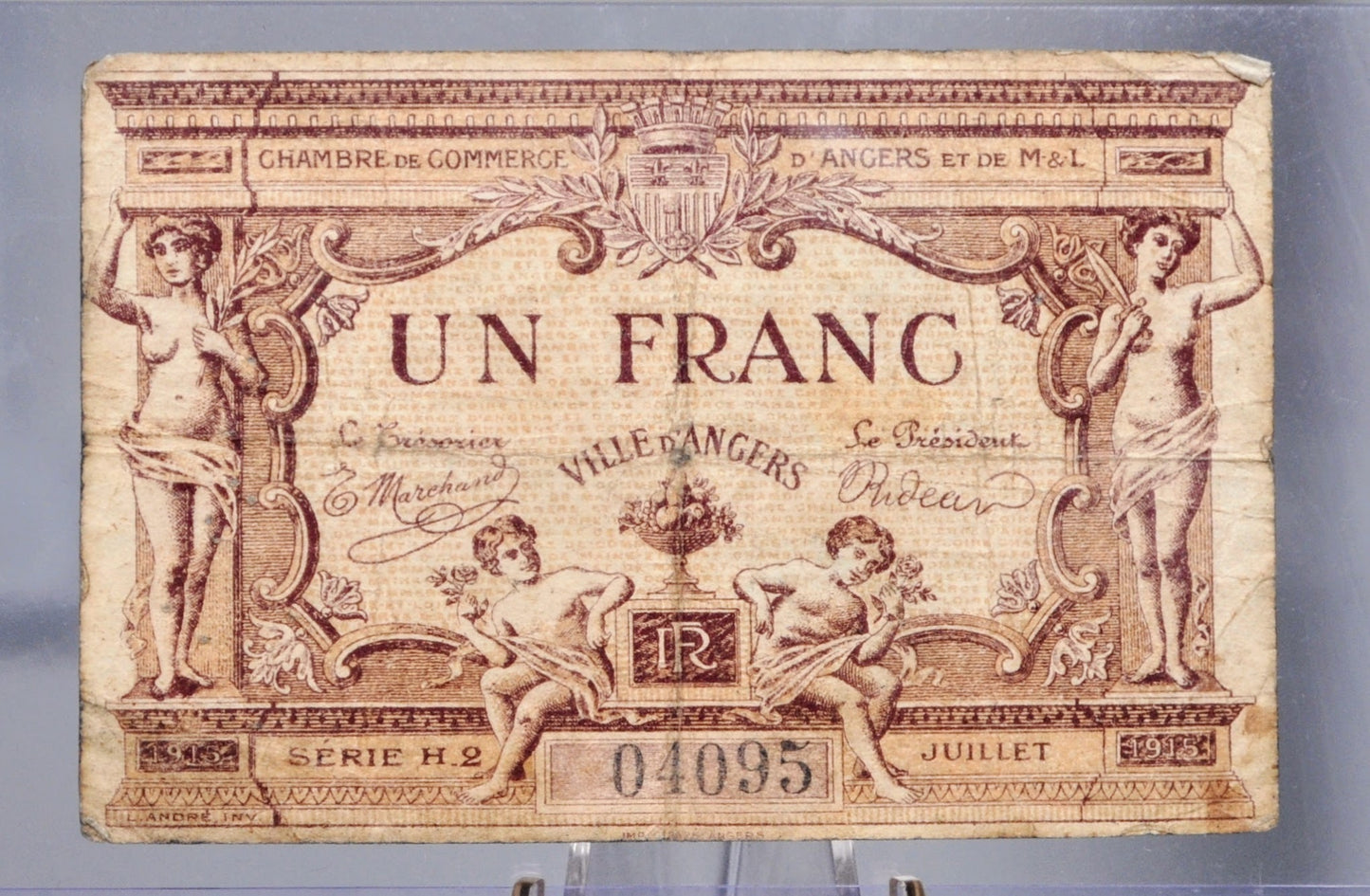 1915 France Chamber of Commerce d'Angers 1 Franc Note - Emergency Issued Note - Series H.2 - 1917 Angers Chamber of Commerce One Franc Note