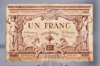 1915 France Chamber of Commerce d'Angers 1 Franc Note - Emergency Issued Note - Series H.2 - 1917 Angers Chamber of Commerce One Franc Note