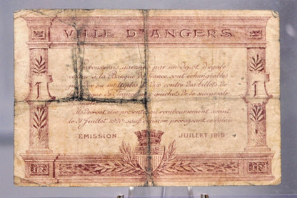 1915 France Chamber of Commerce d'Angers 1 Franc Note - Emergency Issued Note - Series H.2 - 1917 Angers Chamber of Commerce One Franc Note