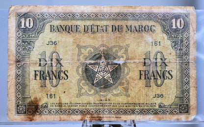 1943 Bank of Morocco 10 Francs Banknote - WWII Era Banknote - 1-5-43 Date - 1943 Banque Detat Du Maroc Dix Ten Franc Note - P#25a