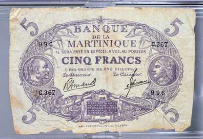 Law of 1901 (1945) French Martinique 5 Francs Banknote - Rare Colonial Africa Note - Violet Print - 1945 Martinique Five Francs Note - P#6