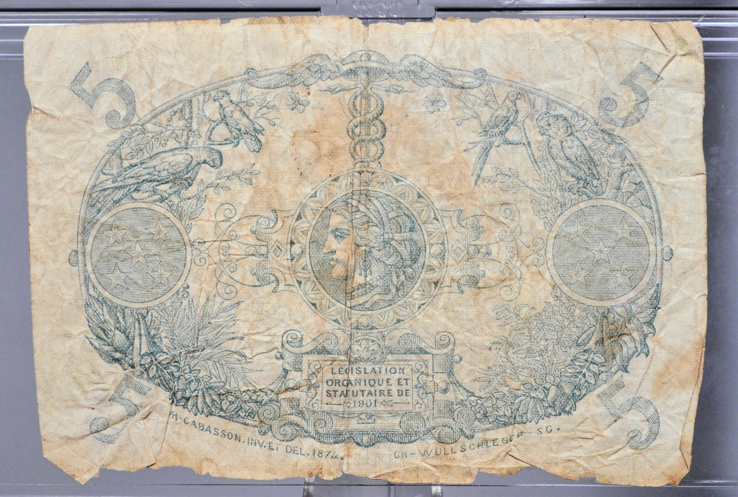 Law of 1901 (1945) French Martinique 5 Francs Banknote - Rare Colonial Africa Note - Violet Print - 1945 Martinique Five Francs Note - P#6