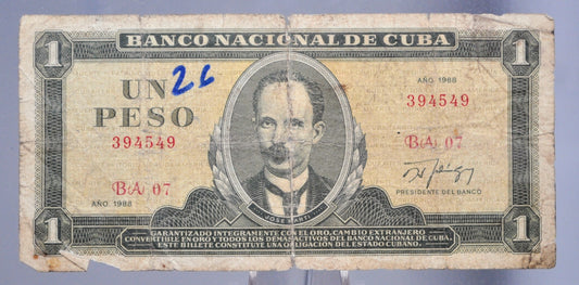 1988 National Bank of Cuba 1 Peso Banknote - Fidel Castro Habana Scene Note - Fine (F) Grade - 1988 Carribean Cuban One Peso Note - P#102d