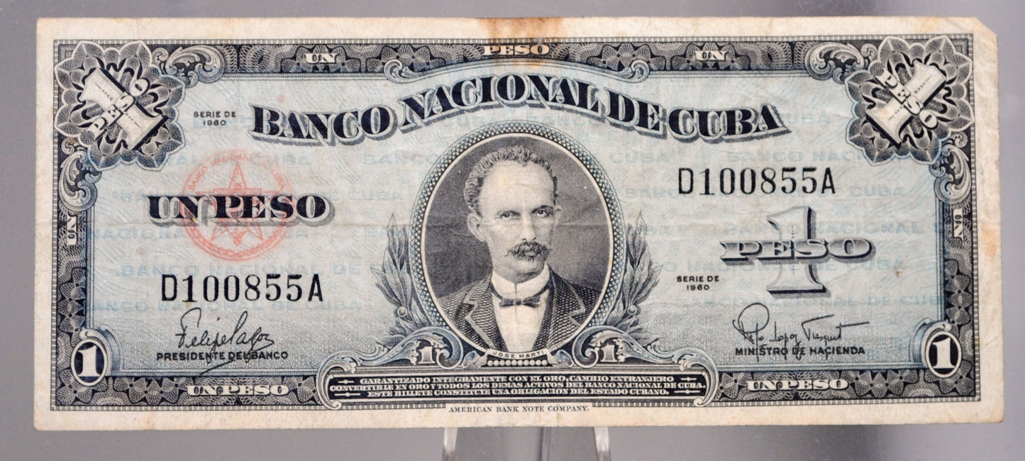 1960 National Bank of Cuba 1 Peso Banknote - Black Serial Number - Series of 1960 - 1960 Carribean Cuban One Peso Note - P#77b