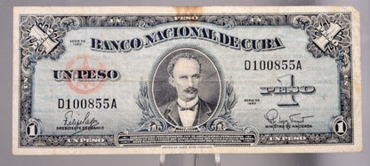 1960 National Bank of Cuba 1 Peso Banknote - Black Serial Number - Series of 1960 - 1960 Carribean Cuban One Peso Note - P#77b