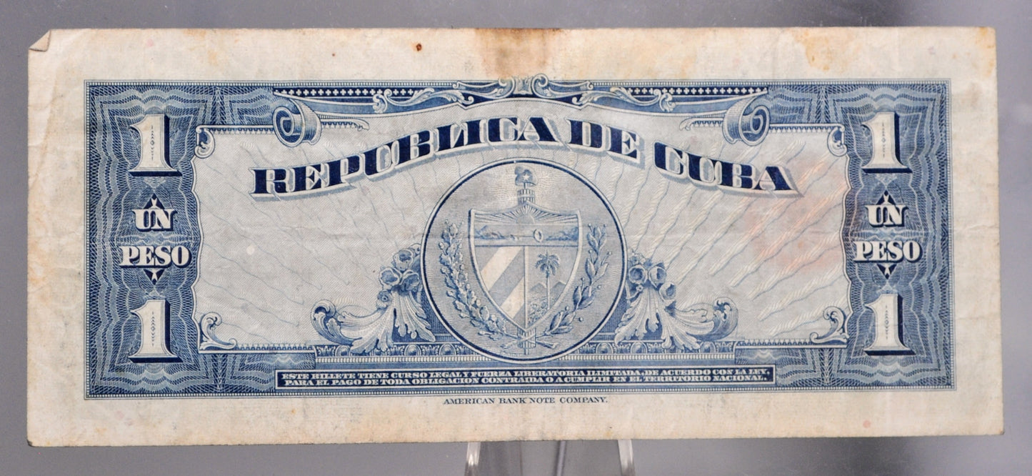 1960 National Bank of Cuba 1 Peso Banknote - Black Serial Number - Series of 1960 - 1960 Carribean Cuban One Peso Note - P#77b