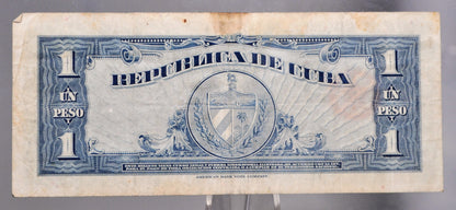 1960 National Bank of Cuba 1 Peso Banknote - Black Serial Number - Series of 1960 - 1960 Carribean Cuban One Peso Note - P#77b
