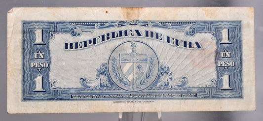 1960 National Bank of Cuba 1 Peso Banknote - Black Serial Number - Series of 1960 - 1960 Carribean Cuban One Peso Note - P#77b