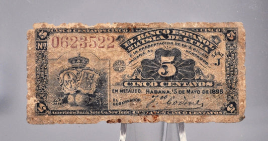1896 Cuba 5 Centavos Banknote - El Banco Espanol de la Isla de Cuba - 1896 Carribean Cuban Five Centavos Fractional Note - P#45a