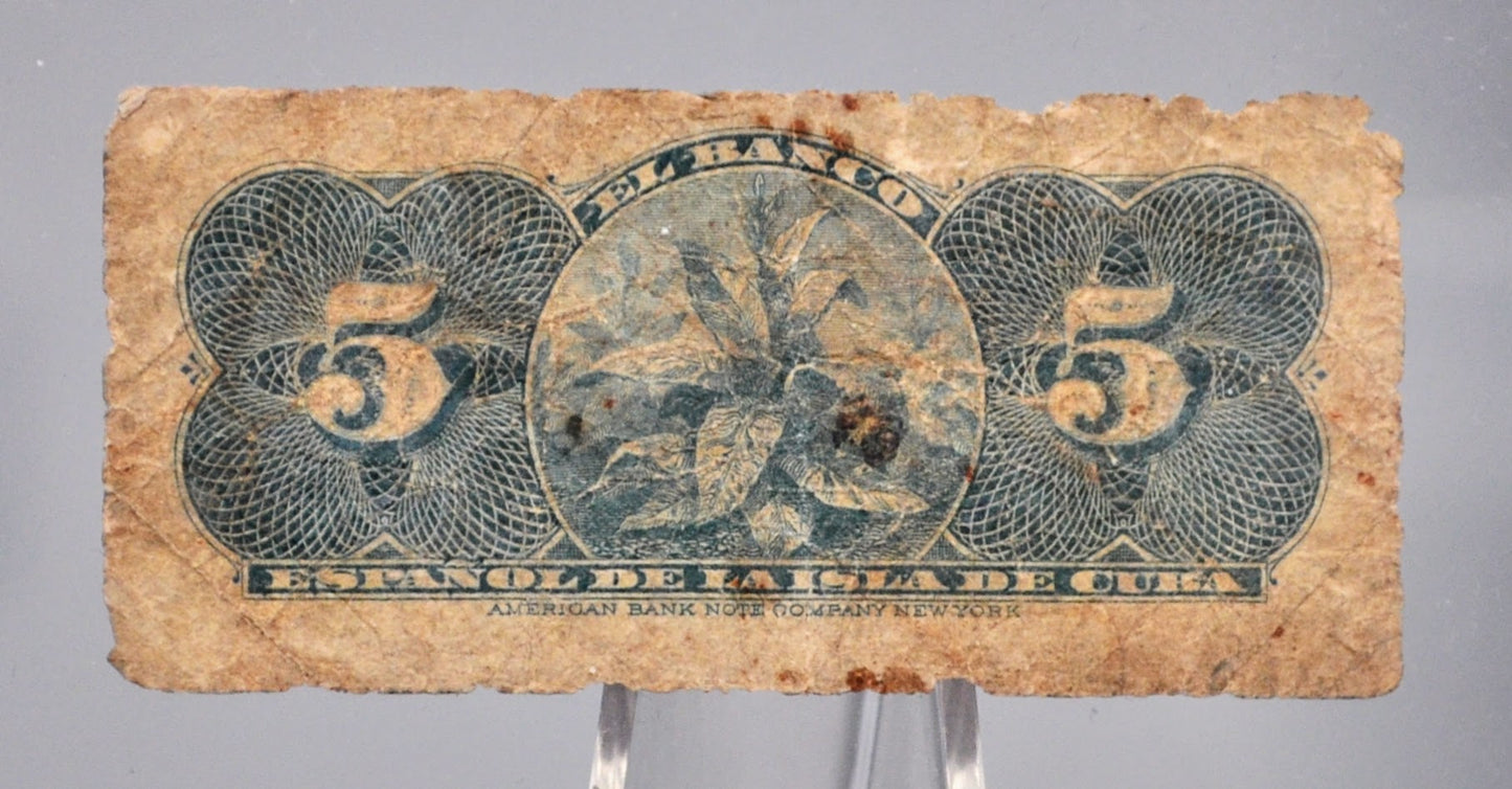 1896 Cuba 5 Centavos Banknote - El Banco Espanol de la Isla de Cuba - 1896 Carribean Cuban Five Centavos Fractional Note - P#45a