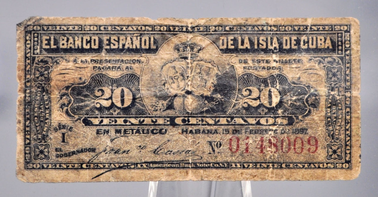 1897 Cuba 20 Centavos Banknote - El Banco Espanol de la Isla de Cuba - 1897 Carribean Cuban Twenty Centavos Fractional Note - P#53a