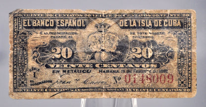 1897 Cuba 20 Centavos Banknote - El Banco Espanol de la Isla de Cuba - 1897 Carribean Cuban Twenty Centavos Fractional Note - P#53a
