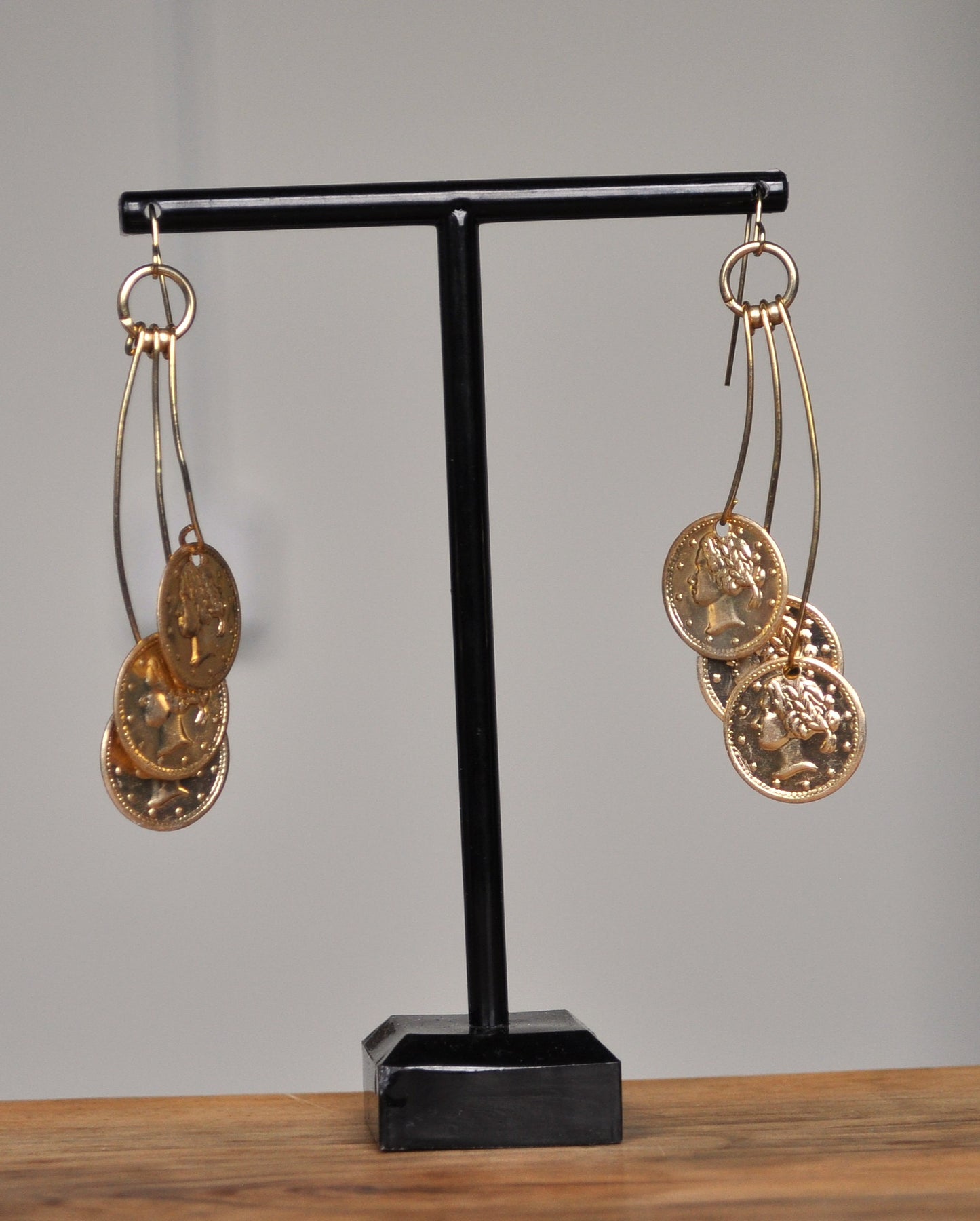 Layered Gold Tone Lady Liberty Design Faux Coin Jewelry - Lady Liberty Layered Faux Coin Jewelry - Lady Liberty Dangle Earrings