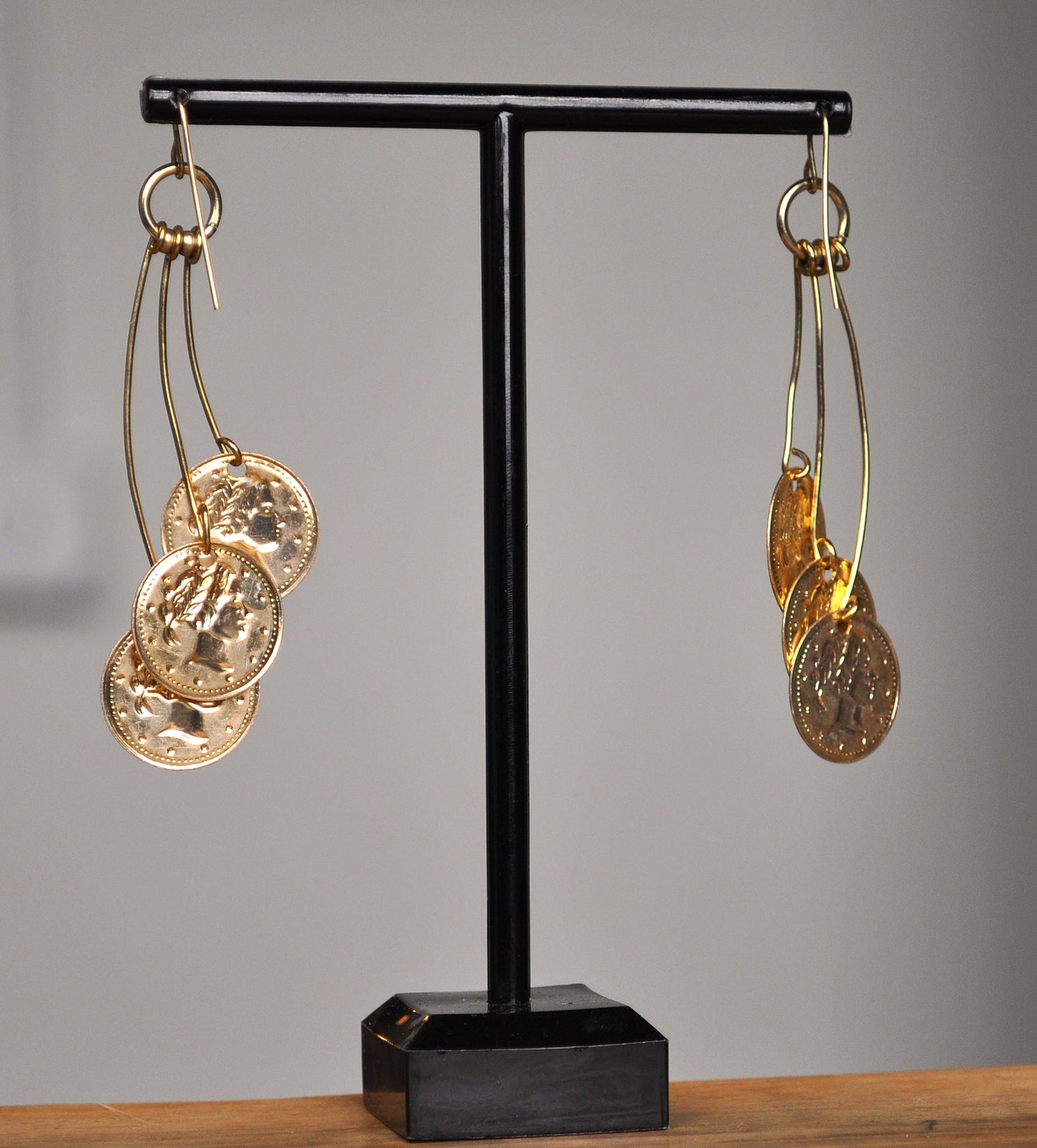 Layered Gold Tone Lady Liberty Design Faux Coin Jewelry - Lady Liberty Layered Faux Coin Jewelry - Lady Liberty Dangle Earrings