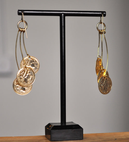 Layered Gold Tone Lady Liberty Design Faux Coin Jewelry - Lady Liberty Layered Faux Coin Jewelry - Lady Liberty Dangle Earrings