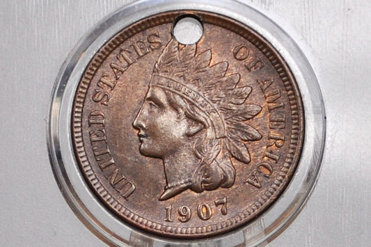 1907 Indian Head Penny - Uncirculated Details, Holed - Lustrous Coin - 1907 Cent Indian Head 1892 Damage Coin / Discount Coin