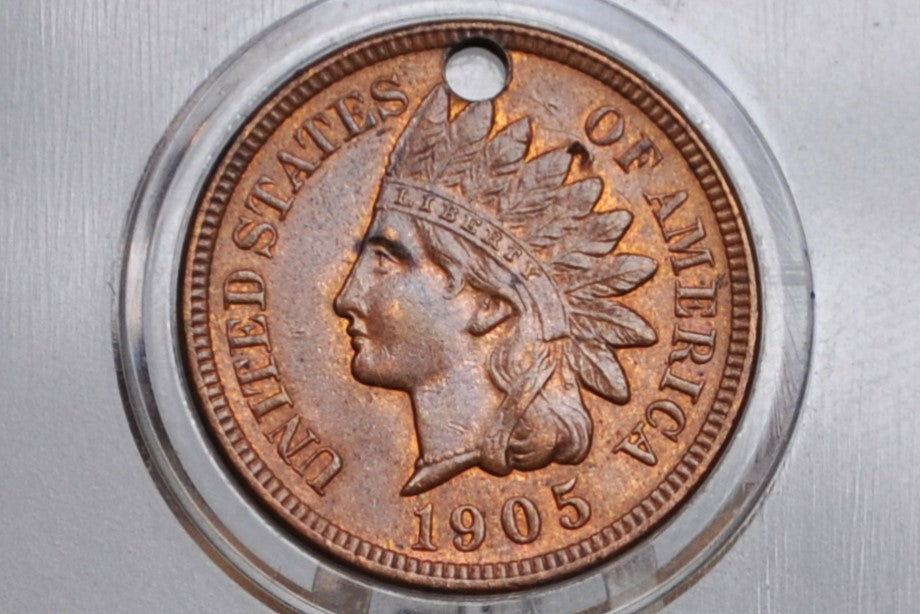 1905 Indian Head Penny - Uncirculated Details, Holed - Lustrous Coin - 1905 Cent Indian Head 1892 Damage Coin / Discount Coin