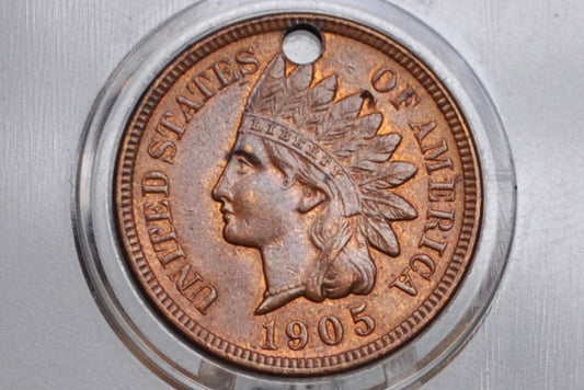 1905 Indian Head Penny - Uncirculated Details, Holed - Lustrous Coin - 1905 Cent Indian Head 1892 Damage Coin / Discount Coin