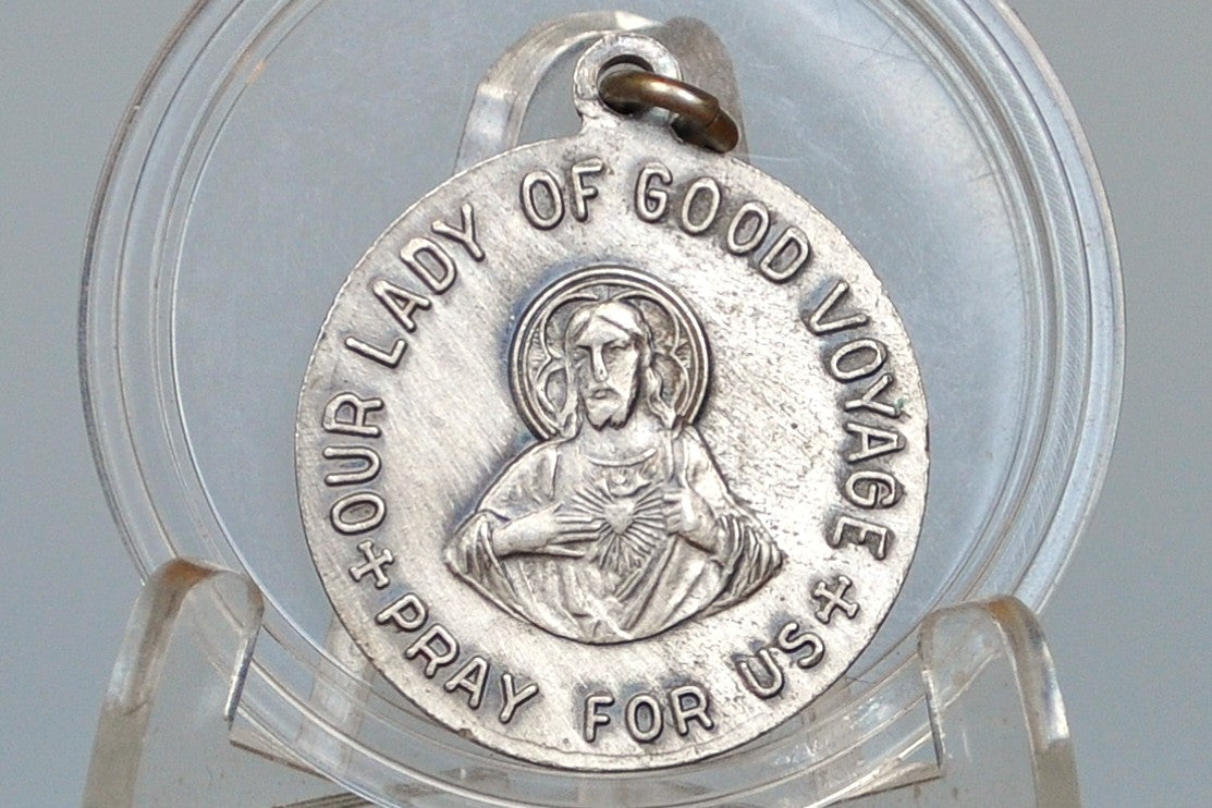Vintage Our Lady of Good Voyage Pendant - Sacred Heart of Jesus Charm - Miraculous Medal Virgin Mary Medal