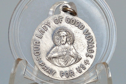 Vintage Our Lady of Good Voyage Pendant - Sacred Heart of Jesus Charm - Miraculous Medal Virgin Mary Medal