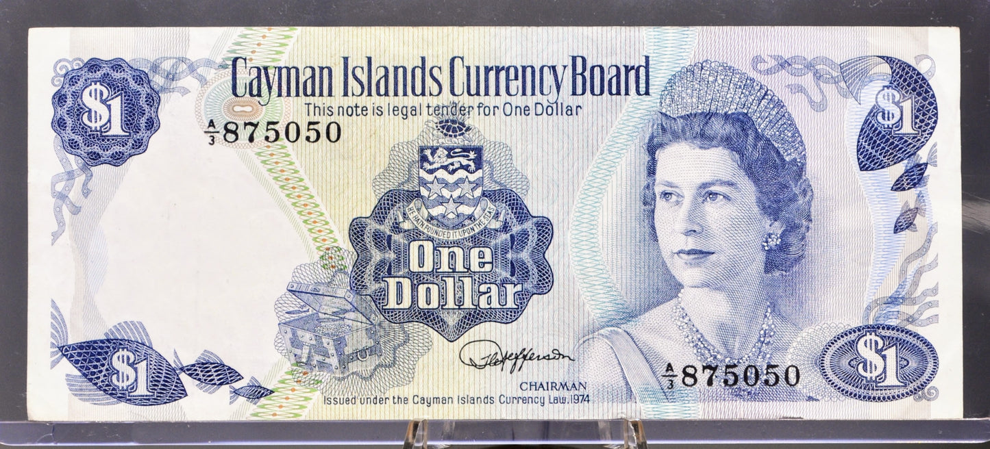 1985 Cayman Islands 1 Dollar Note - A/3 Prefix, Jefferson Signature - Elizabeth II - L. 1974 British Cayman Islands One Dollar Note - P#5b
