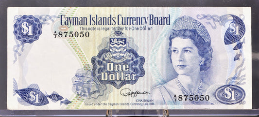 1985 Cayman Islands 1 Dollar Note - A/3 Prefix, Jefferson Signature - Elizabeth II - L. 1974 British Cayman Islands One Dollar Note - P#5b