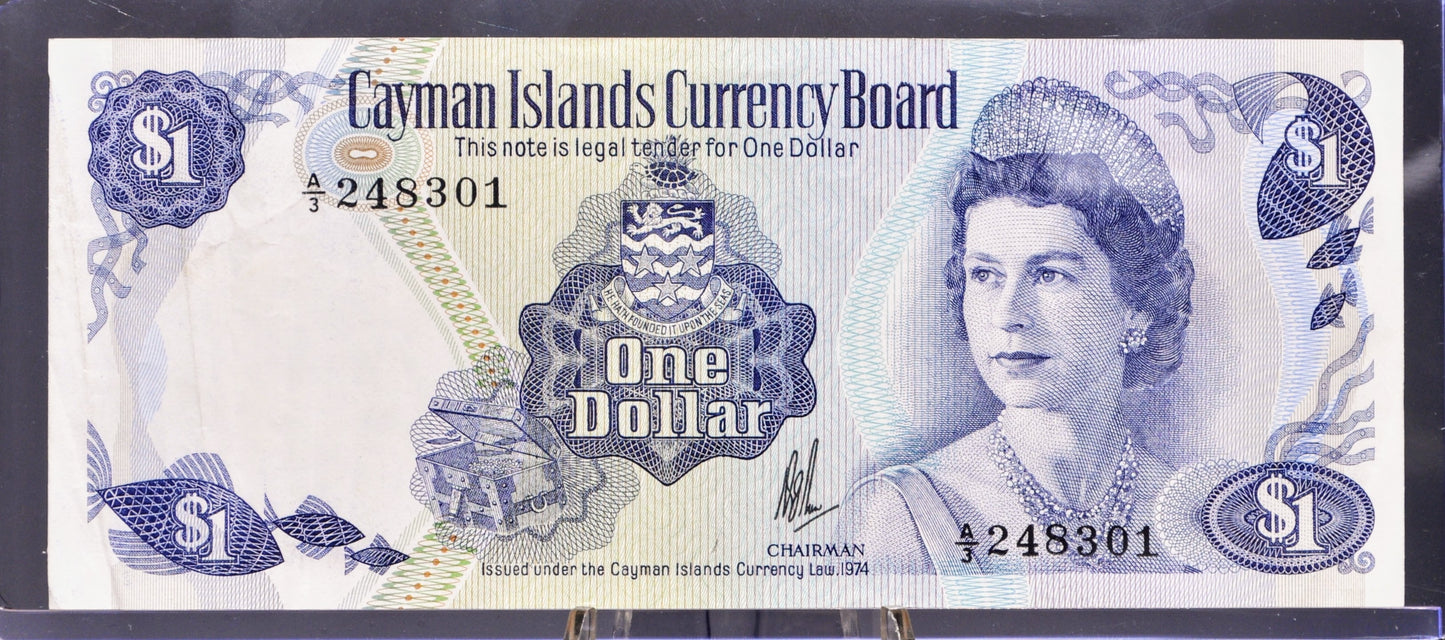 1985 Cayman Islands 1 Dollar Note - A/3 Prefix, Rarer Signature - Elizabeth II - L. 1974 British Cayman Islands One Dollar Note - P#5a