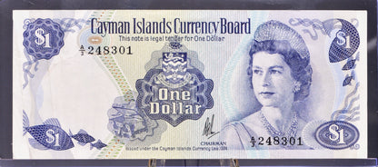 1985 Cayman Islands 1 Dollar Note - A/3 Prefix, Rarer Signature - Elizabeth II - L. 1974 British Cayman Islands One Dollar Note - P#5a