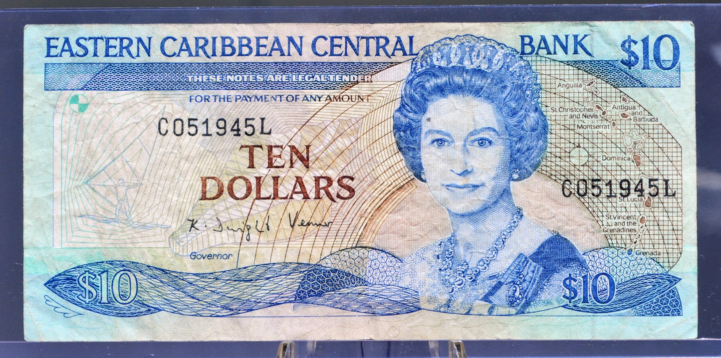 1985-93 (N.D.) East Caribbean States 10 Dollar Banknote - With Anguilla, St. Lucia Issue - 1985 British Caribbean Ten Dollars Note - P#23l