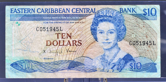 1985-93 (N.D.) East Caribbean States 10 Dollar Banknote - With Anguilla, St. Lucia Issue - 1985 British Caribbean Ten Dollars Note - P#23l