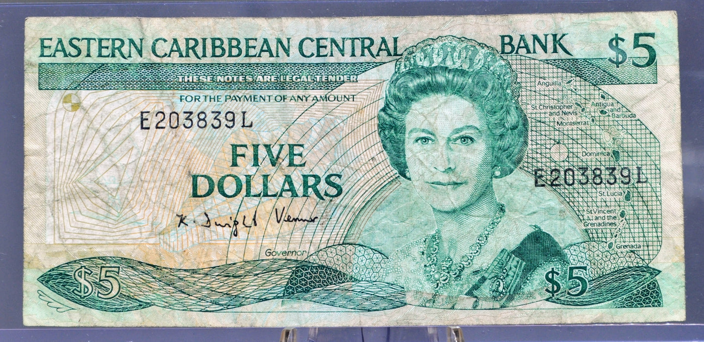 1988 (N.D.) East Caribbean States 5 Dollar Banknote - With Anguilla, St. Lucia Issue - 1988 British Caribbean Five Dollars Note - P#22l