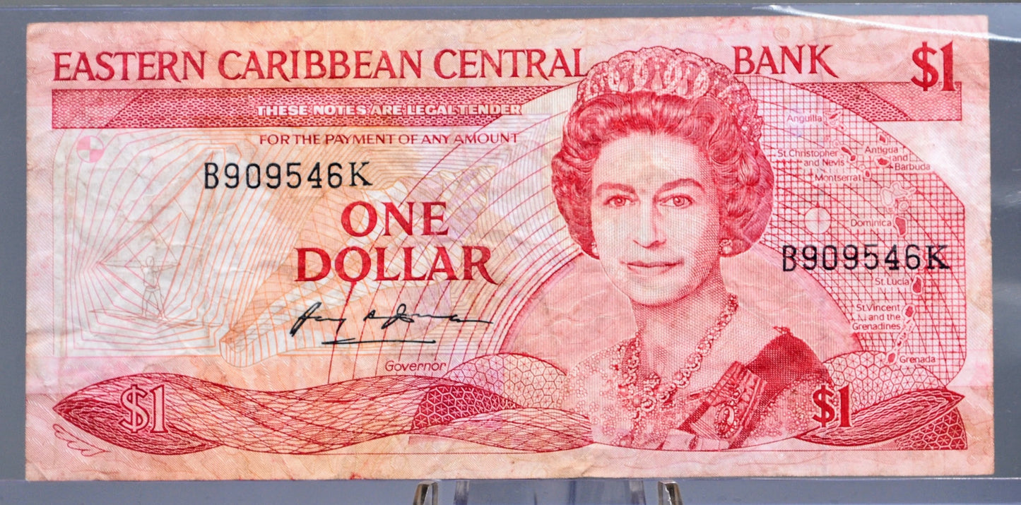 1988 (N.D.) East Caribbean States 1 Dollar Banknote - With Anguilla, St. Kitts & Nevis Issue- 1988 British Caribbean One Dollar Note - P#21k