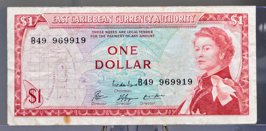 1965 East Caribbean States 1 Dollar Banknote - Grenada on Map, Signature 8 - 1965 East Caribbean British Islands 1 Dollar Note - P#13e