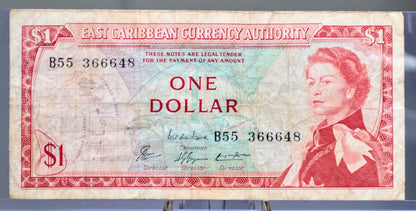 1965 East Caribbean States 1 Dollar Banknote - Grenada on Map, Signature 8 - 1965 East Caribbean British Islands 1 Dollar Note - P#13e