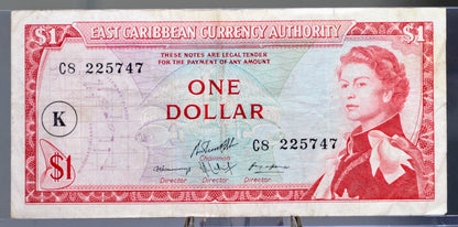 1965 East Caribbean States 1 Dollar Banknote - K Overprint, St. Kitts & Nevis Issue - 1965 British East Caribbean 1 Dollar Note - P#13k