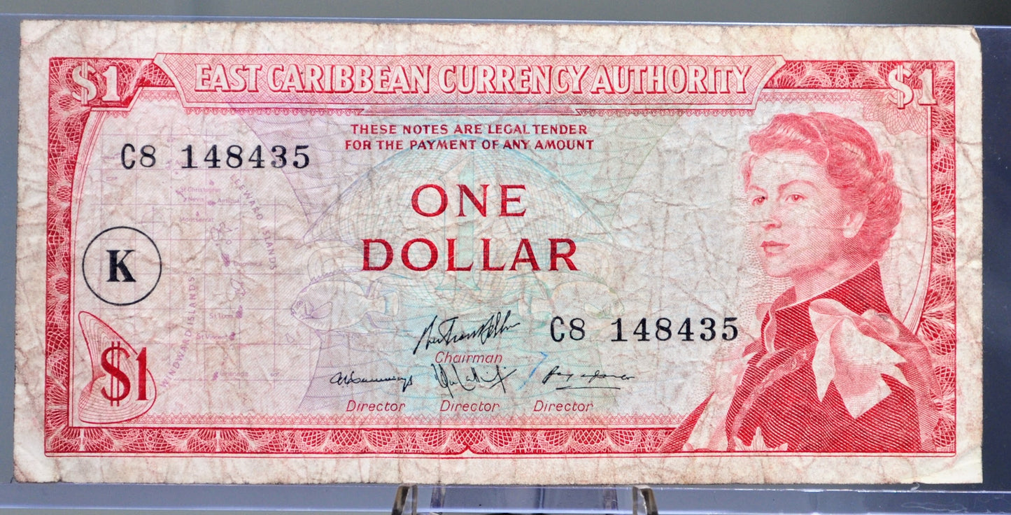 1965 East Caribbean States 1 Dollar Banknote - K Overprint, St. Kitts & Nevis Issue - 1965 British East Caribbean 1 Dollar Note - P#13k