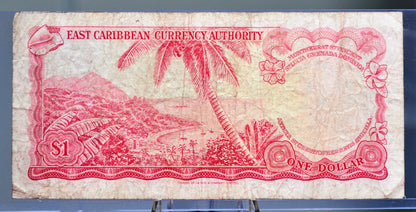 1965 East Caribbean States 1 Dollar Banknote - K Overprint, St. Kitts & Nevis Issue - 1965 British East Caribbean 1 Dollar Note - P#13k