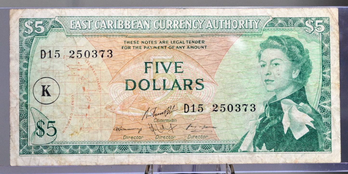 1965 East Caribbean States 5 Dollar Banknote - K Overprint, St. Kitts & Nevis Issue - 1965 British East Caribbean Five Dollar Note - P#14l
